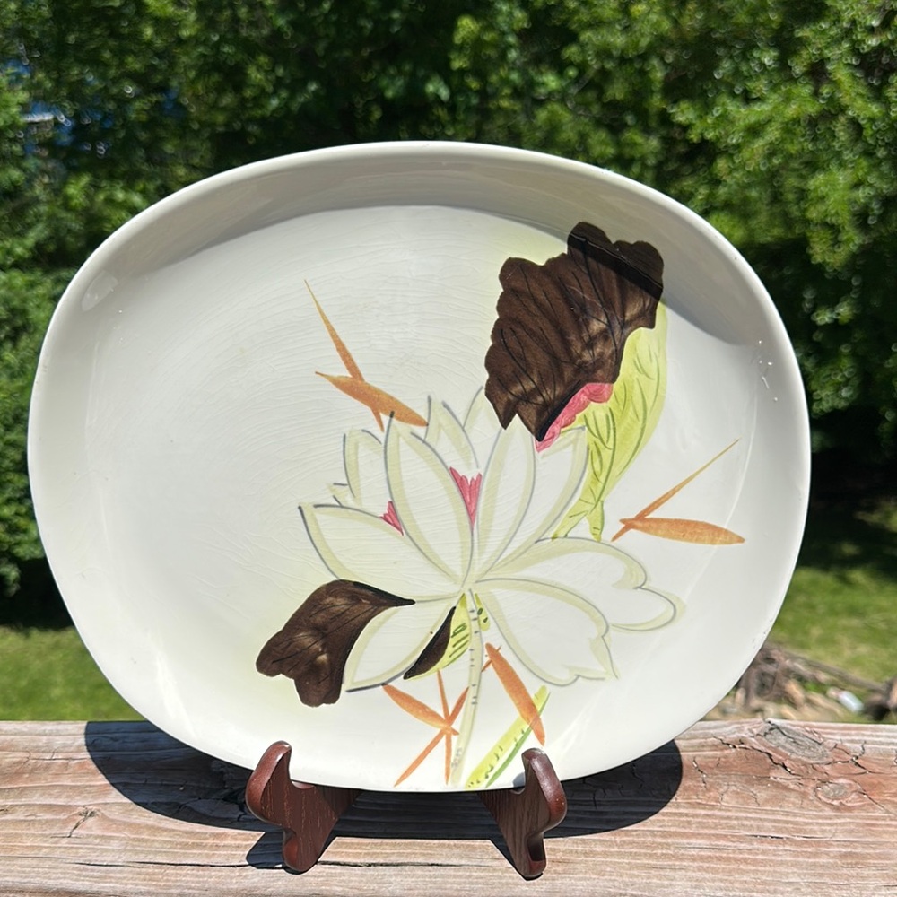 Redwing Oval Handpainted “lotus bronze” 1940’s Ceramic Plate w holder